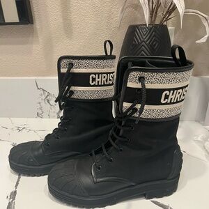 Dior D Major Black Combat Boots with Dior embroidered band